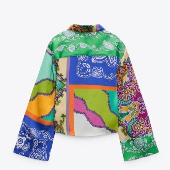 2/30 Zara Satin Paisley Patchwork Blouse Colorful Long Tie Bell Sleeves Large M - Picture 6 of 16